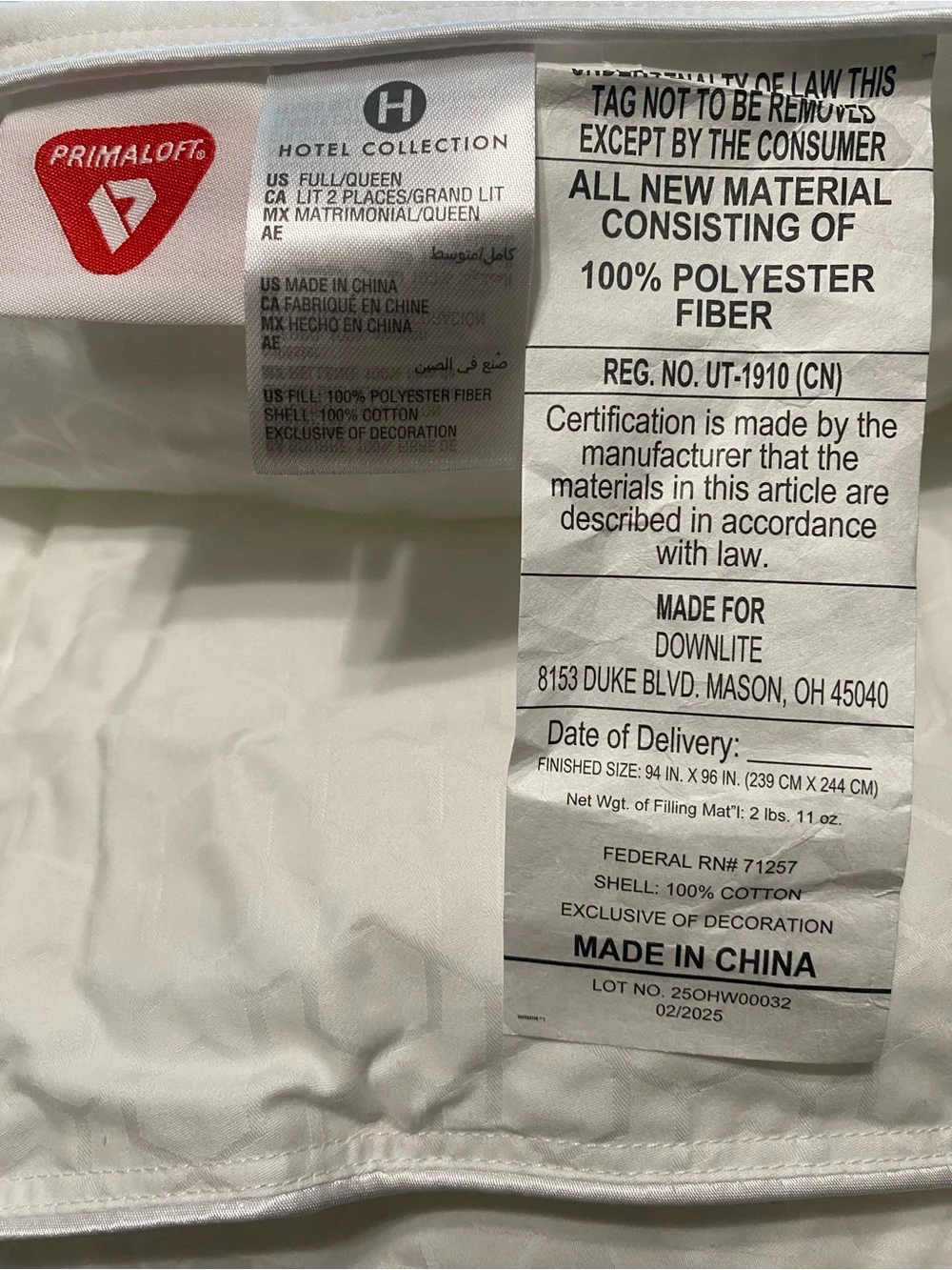 Hotel Collection Primaloft Down Alternative Comforter, Full/Queen All Season